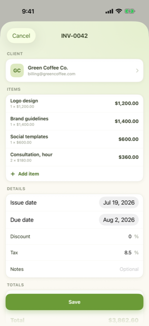 The invoice editor with line items and totals